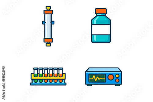 A set of four flat vector icons representing laboratory equipment, including a chromatography column, a reagent bottle, a test tube rack, and an electronic analyzer device.