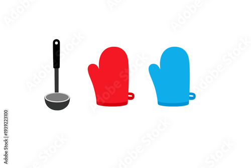 A flat illustration of a black kitchen ladle next to a red oven mitt and a blue oven mitt, all arranged horizontally against a solid black background for a clean look.