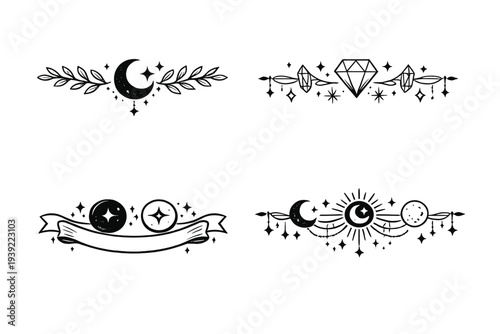A collection of four mystical decorative dividers featuring celestial elements like moons, stars, diamonds, and leaves in a hand-drawn black and white style on a dark background.