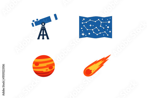 A collection of four flat astronomy icons featuring a blue telescope on a tripod, a star constellation map, a striped orange planet, and a flaming meteor against a solid black background.