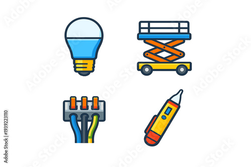 A collection of four flat vector icons on a black background including an LED light bulb, a scissor lift, a wire connector with three cables, and a handheld voltage tester tool.