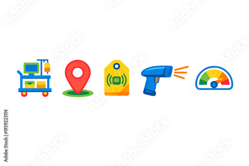 This image features five distinct flat design icons including a medical cart, a location pin, an RFID tag, a handheld scanner, and a colorful gauge on a dark background.