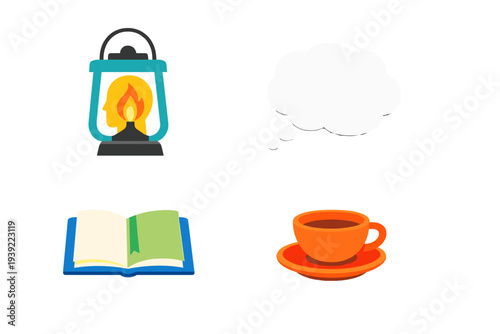 A collection of four flat design icons featuring a teal lantern with a flame, a white thought bubble, an open book with a green bookmark, and an orange cup of coffee on a saucer.