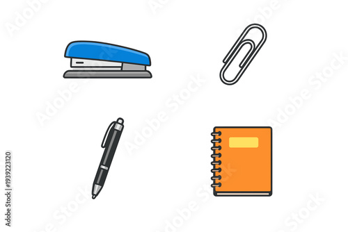 A collection of four office supply icons including a blue stapler, a silver paperclip, a black ballpoint pen, and an orange spiral notebook, all set against a solid black background.