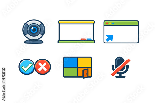 A set of six colorful flat icons representing online education and video conferencing tools, including a webcam, blackboard, browser window, checkmarks, window, and muted microphone.