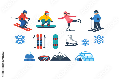 Vector set of winter sports icons including people skiing, snowboarding, and ice skating. The collection also features snowflakes, goggles, a beanie, mountains, and an igloo on a dark background.