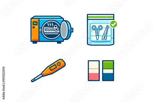 A set of four medical icons featuring an autoclave machine, a sterilization pouch with surgical tools, a digital thermometer, and chemical indicator strips on a black background.
