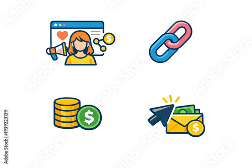 Four colorful vector icons illustrating concepts of social media influence, link sharing, currency savings, and email marketing monetization against a dark background.