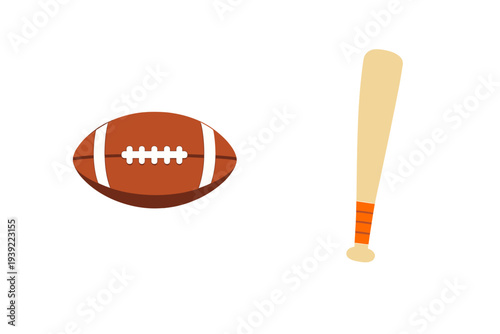 A flat illustration of a brown American football with white laces and stripes next to a light-colored wooden baseball bat with an orange grip, set against a solid black background.