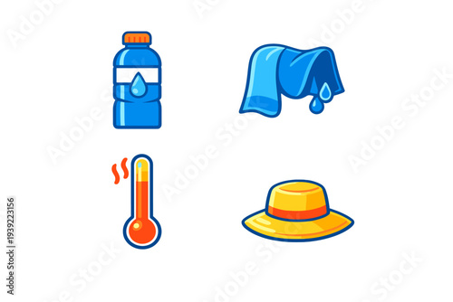A collection of four colorful icons representing heat safety measures, including a water bottle, a wet towel, a high-temperature thermometer, and a yellow sun hat on a black background.