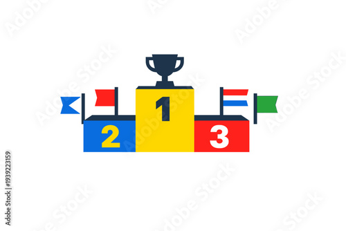 A colorful vector illustration of a sports podium with three levels numbered one, two, and three. A trophy sits on the top yellow platform against a solid black background.