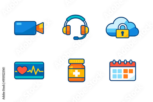 A set of six colorful flat icons representing telehealth services, including a video camera, headset, secure cloud storage, heart rate monitor, medicine bottle, and calendar.