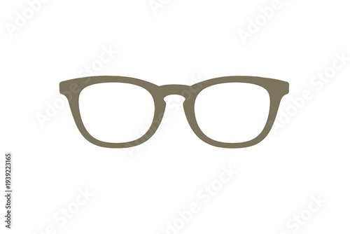A pair of thick-rimmed eyeglasses in a muted taupe color is centered against a solid black background. The frames feature a classic wayfarer-inspired design with a keyhole bridge.