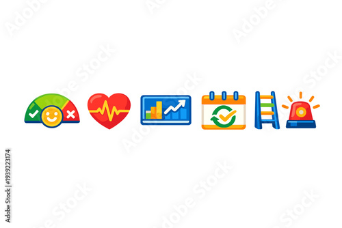Six vibrant flat design icons displayed on a black background including a mood gauge, heart rate, growth chart, calendar, ladder, and emergency siren for business and health.