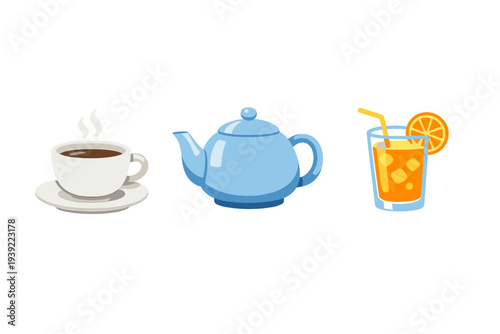 Three cartoon illustrations of beverages including a steaming cup of coffee on a saucer, a light blue teapot, and a glass of orange juice with ice and a straw on a black background.