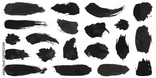 Set of 20 Black Ink Brush Strokes Vector Collection for Artistic Design Elements, Grunge Textures, and Creative Backgrounds