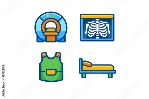 A set of four colorful medical icons featuring an MRI scanner, a chest x-ray, a protective lead apron, and a hospital bed, all designed in a flat graphic style on a black background.