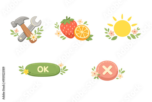 A collection of five cute, stylized icons including tools, fruit, a sun, and buttons for OK and cancel, all decorated with small flowers and green leaves on a black background.