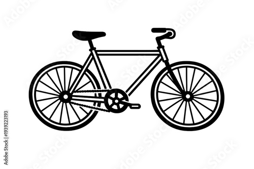 A minimalist black and white line art illustration of a classic bicycle. The design features a simple frame, two spoked wheels, handlebars, a seat, and pedals on a solid black background.
