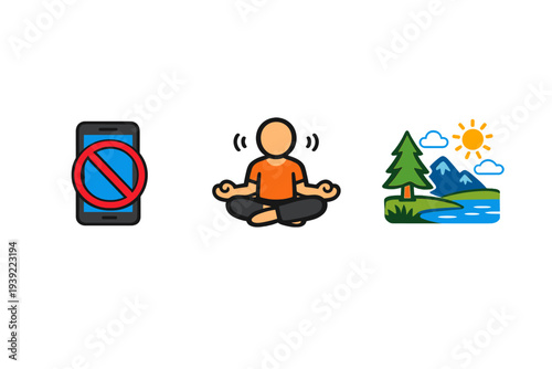 Three colorful icons on a black background representing a digital detox journey, featuring a prohibited smartphone, a person meditating, and a peaceful nature landscape scene.