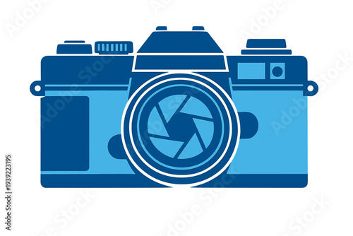 A stylized blue vector illustration of a classic analog camera. The design highlights the lens aperture and body details in a monochromatic color palette against a dark background.
