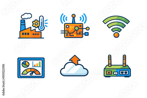 A collection of six colorful flat icons representing industrial internet of things concepts including factory monitoring, wireless sensors, data dashboards, and cloud computing.