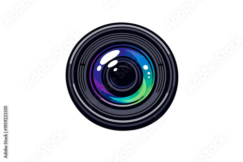 A stylized illustration of a camera lens with vibrant blue, purple, and green reflections on a dark background. The circular design features detailed rings and a central aperture.