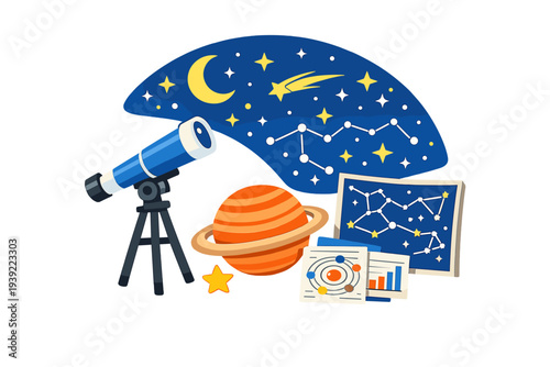 A colorful flat illustration featuring a telescope, a ringed planet, a crescent moon, and various astronomical charts and maps against a dark blue starry night sky background.