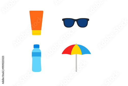 A collection of four summer vacation icons including an orange sunscreen tube, blue sunglasses, a water bottle, and a colorful beach umbrella isolated on a black background.