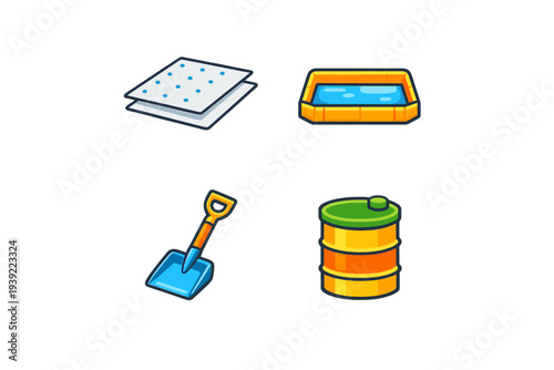 A set of four cartoon icons featuring absorbent pads, a containment tray with blue liquid, a blue shovel with an orange handle, and a yellow industrial barrel with a green lid.