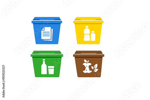 Four colorful recycling bins for waste sorting are shown on a black background. Each bin has a white icon representing paper, plastic, glass, or organic food waste materials.