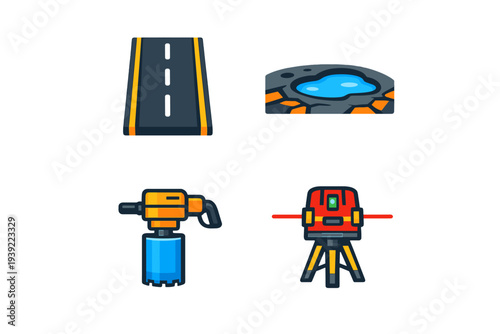 A collection of four flat vector icons representing road construction and maintenance, including a paved road, a pothole, a core drill, and a laser level on a tripod.