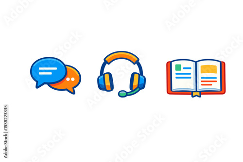 Three colorful icons representing communication, customer support, and education are displayed on a black background, including speech bubbles, a headset, and an open book.