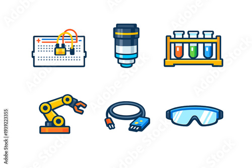 This set of six colorful flat icons features laboratory and industrial equipment such as a robotic arm, test tubes in a rack, safety goggles, and various electronic components.