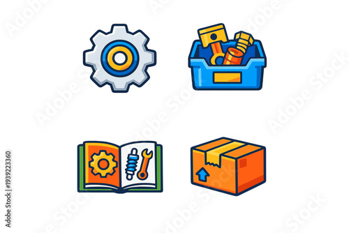 A collection of four colorful icons representing mechanical engineering and logistics, including a cogwheel, spare parts in a bin, a manual, and a package.