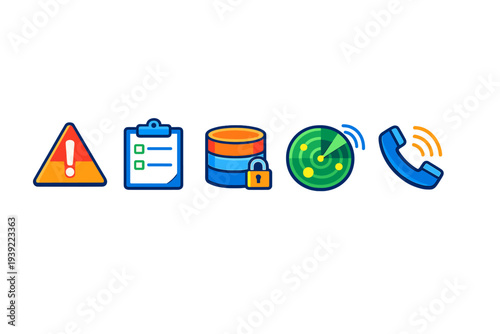 A set of five colorful digital icons including a warning sign, a clipboard, a locked database, a radar screen, and a telephone handset, all displayed against a solid black background.