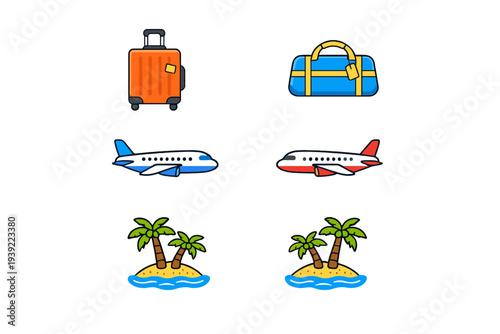 A collection of travel-themed icons including an orange suitcase, a blue duffel bag, two airplanes in different colors, and two tropical islands with palm trees on a black background.