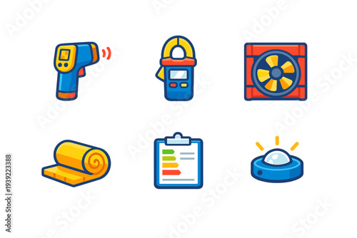 A set of six colorful flat icons representing energy auditing tools, including an infrared thermometer, clamp meter, ventilation fan, insulation roll, energy rating chart, and sensor.