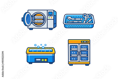 This set of four flat vector icons illustrates medical sterilization equipment including an autoclave, surgical tools in a tray, an ultrasonic cleaner, and a laboratory incubator.