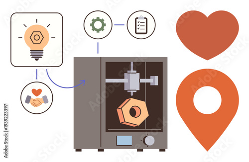 3D printing, innovation, technology, creativity, prototyping, product design. A 3D printer with related symbols thumbs up a light bulb, gear heart and location pin. 3D printing and innovation