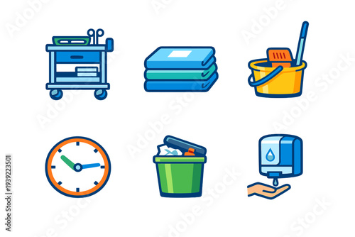 A set of six flat vector icons related to cleaning and hygiene services, featuring a medical cart, folded towels, a mop bucket, a wall clock, a trash bin, and a hand sanitizer dispenser.