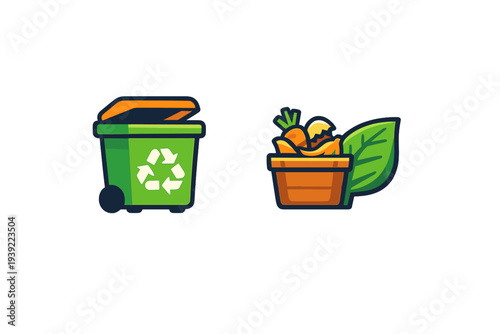 A flat vector illustration featuring a green recycling bin with a white symbol and a basket of organic food waste next to a green leaf, representing composting and waste management.