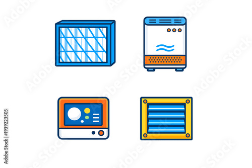 A collection of four flat vector icons representing air quality and HVAC systems, including an air filter, a purifier, a digital thermostat, and a ventilation grille on a black background.
