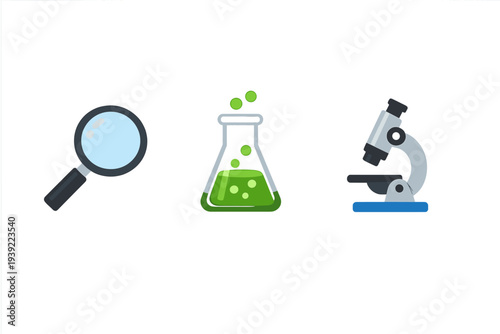 Three scientific icons including a magnifying glass, a laboratory flask with green liquid, and a microscope are displayed in a row against a solid black background.