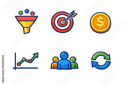 A set of six colorful business icons on a black background, including a funnel, a target with an arrow, a gold dollar coin, a growth graph, three human figures, and a circular arrow cycle.