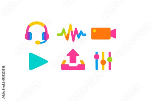 A collection of six colorful multimedia icons including a headset, sound wave, video camera, play button, upload symbol, and equalizer sliders set against a solid black background.