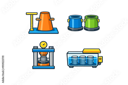 A set of four colorful vector icons illustrating concrete quality control equipment, including a slump cone, cylindrical molds, a compression tester, and a curing tank on a black background.