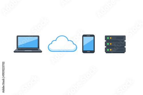 A horizontal row of digital technology icons featuring a laptop computer, a white cloud, a mobile smartphone, and a server rack against a solid black background.