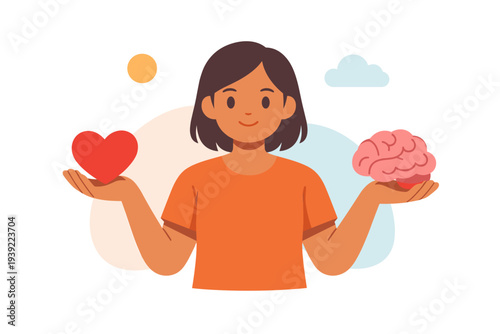 A flat illustration of a young woman holding a red heart in her right hand and a pink brain in her left hand, set against a background with a sun, a cloud, and soft colored shapes.
