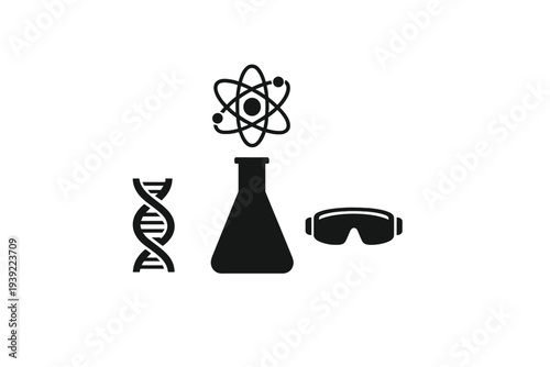 This minimalist graphic features black icons of a DNA double helix, an atom with orbiting electrons, a laboratory flask, and safety goggles against a solid white background.